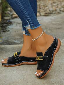 大码女鞋 35-45码 夏季新款休闲时尚变色哑光黑凉鞋，欧美风，日常穿着露趾沙滩坡跟凉鞋，旅行必备 - 變色仿超黑磨砂 - 查看 5