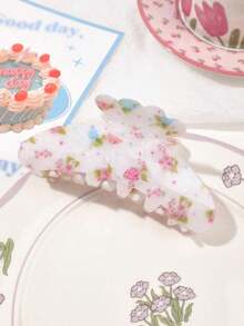 1 PC Retro Floral Printed Acetate Wave Design Large Hair Claw, Vintage Countryside Style For Ponytail, Spring/Summer Claw Clips Hair Clips Hair Jaw Clip Hair Clamps Hair Clutch Hair Catcher Clip Fall Winter Hair Accessories For Women For Vacation Outfits Woman Flower Hair Clip - 彩色 - 查看 6