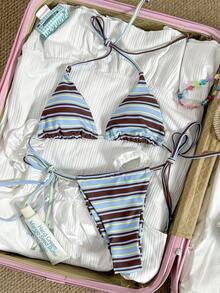 女士基础款条纹印花泳衣，适合夏季泳池、海滩等各种场合，日常三角系带比基尼沙滩度假装 - 藍卡色 - 查看 6