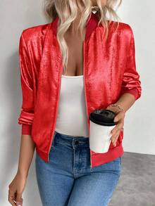 Keke Bloomly Women's New Lightweight Long Sleeve Zip-Up Casual Jacket With Shiny Hot-Stamped Accents, Fashionable Regular Fit Jacket In Passionate Red, Suitable For Women All Seasons - Red - View 2