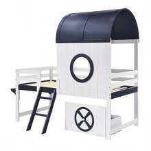 Letto a castello, letto a soppalco, letto per bambini con tetto e finestra, cassetto inferiore con rotelle, pratica scaletta inclinata a due gradini, pino + MDF + compensato, bianco + blu scuro, 90 x 200 cm - Bianco + Blu scuro - Visualizzare 9