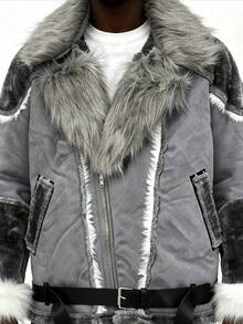 Faux Fur Panel Oversized Collar Men's Coat, Loose Fit Sheepskin-Lined Long Sleeve Winter Outerwear - 灰色 - 查看 5