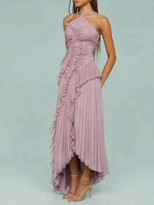 Women's Y2K Halter Neck Long Dress Elegant Sleeveless Backless Ruffles Tiered Cocktail Party Vacation Long Evening Dress - Hồng - Xem 4