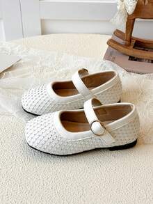 Girls' White Grid Rhinestone Mary Jane Flats, Adjustable Buckle Soft Sole Princess Party Shoes - White - View 4