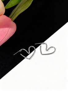 1 Đôi bông tai hình trái tim rỗng tráng men đỏ tối giản dành cho nữ, bông tai hình trái tim hoàn thiện mờ, quà tặng cho bạn bè, phụ nữ, bạn thân - Bạc - Xem 5
