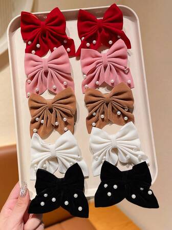 10个装多色柔软复古蝴蝶结发夹，饰以仿珍珠，可爱女孩礼物，时尚发饰，适合所有季节，可搭配通勤或休闲装，用于半扎发或侧扎发，提升整体造型。