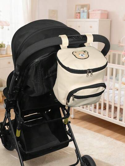 1 Túi treo xe đẩy hình gấu thêu dễ thương, Túi đựng đồ dùng cho xe đẩy ngoài trời cho bà bầu và em bé, Túi đựng tã và bình sữa