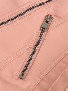 新款春秋季女士皮夹克，短款修身薄款仿皮机车夹克 粉色 - 粉色 - 查看 10