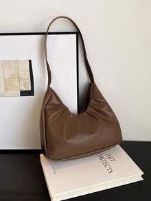 时尚单肩包，褶皱清新纯色手提包，腋下设计，春秋季 - 咖啡棕 - 查看 6