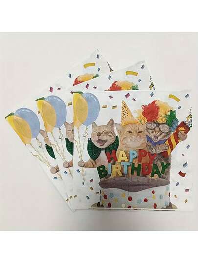 20张装双层纸巾，印有猫咪和气球图案，生日快乐图案，适用于各种场合，一次性手巾，可用于厨房、鸡尾酒会、毕业典礼、节日庆典等派对用品。