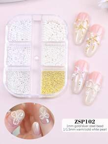 6件套金色、银色珠子和白色仿珍珠美甲装饰品，Y2K美学美甲饰品，钢珠和白色仿珍珠美甲宝石，美甲用品，美甲配件 - 彩色 - 查看 5