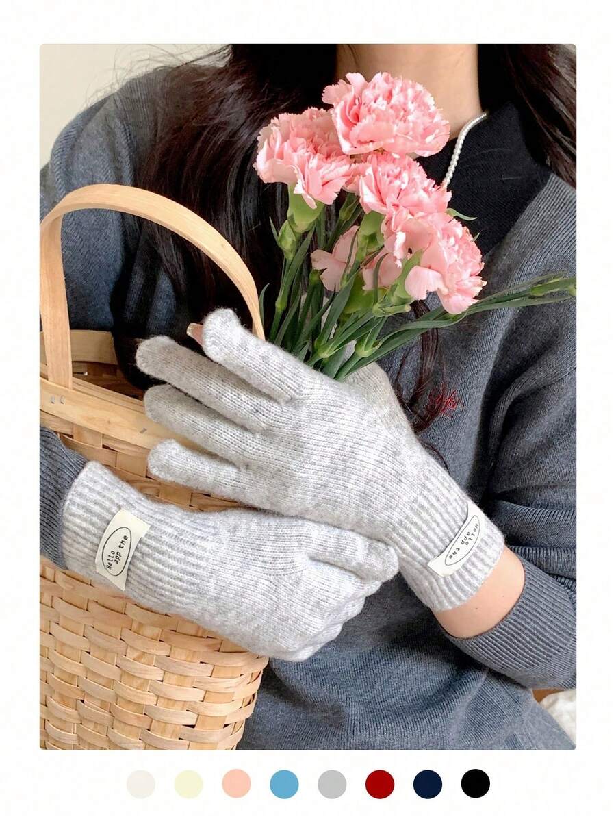 Guantes sin dedos de lana gruesos y largos de unicolor minimalista, forrados de pelusa, cálidos y a prueba de viento para ciclismo y actividades al aire libre, guantes de punto de color caramelo para pantalla táctil, cálidos y versátiles guantes sin dedos de punto largos para mujer en otoño/invierno