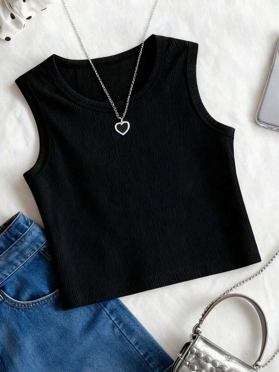 1pc Tween Girl Classic Solid Color Ribbed Fabric Casual Sports Stretch Camisole, Spring/Summer - Black - View 1