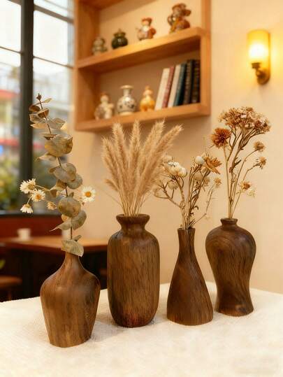 1 Juego de 4 Jarrones Miniatura de Madera de Nogal Japonés, Jarrones de Madera Minimalistas Nórdicos Adecuados para la Decoración Minimalista en Todas las Etapas de la Vida - Jarrones de Flores Secas de Madera de Nogal, Adornos de Escritorio Antiguos, Decoración de Oficina/Sala de Estar. Ideal para Vacaciones/Regalos.