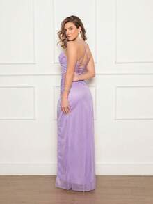 Long Party Dress With Corset, High Slit, And Draped Neckline. - Lilac Purple - View 2