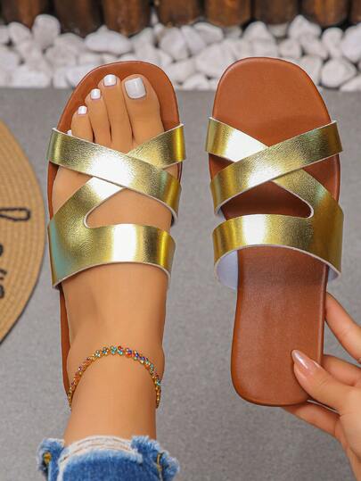 Dép thời trang cho tuổi teen, dép sandal đế bệt quai chéo màu trơn mùa hè mới dành cho nữ