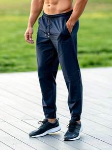 Men's Tactel Elastane Training Pants For Gym, Elastic Waistband, Drawstring And Functional Pocket, Summer, All, Regular Fit, Drawstring, Pocket - Navy Blue - View 2