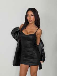 1pc Solid Color Sexy Knit Fabric Zipper Ruffle Hem Women's Spaghetti Strap Mini Dress, For Party/Date Night, Spring/Summer - Black - View 1