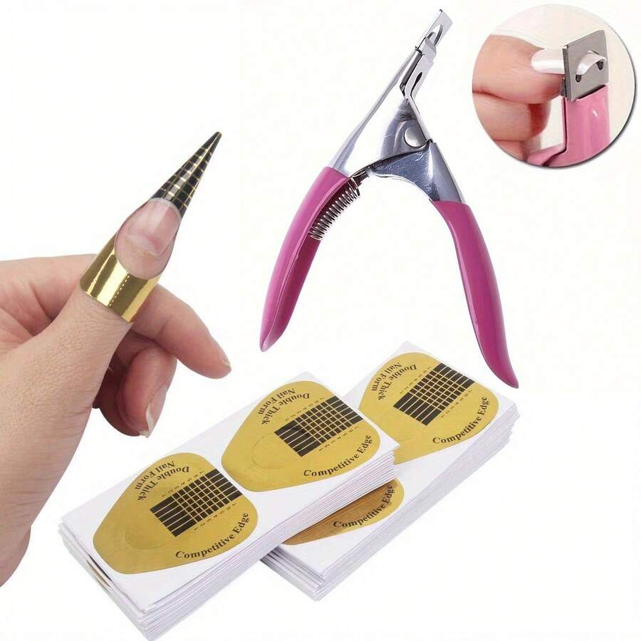 20pcs Gold Nail Stickers + 1pc Professional Pink Nail Clipper, DIY Nail Extension Sticker Guide - Nail Extension Tools
