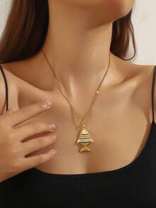 1 件不锈钢 18K 镀金摇摆鱼吊坠项链，独特鱼骨吊坠项链，适合女性，海滩度假 - 金色 - 查看 3