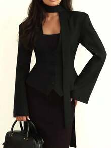 1 Stück Damen Einfarbige Gewebe Knopf Casual Pendler Jacke, geeignet für Büromode im Frühling und Herbst Schwarz - Schwarz - Übersicht 3