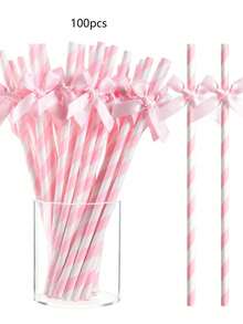 10/20/30/50/100支装粉色条纹蝴蝶结纸吸管，配缎带蝴蝶结，适用于婴儿派对、生日、婚礼、新娘送礼会、蝴蝶主题派对、青少年睡衣派对、派对装饰 - 粉色 - 查看 15