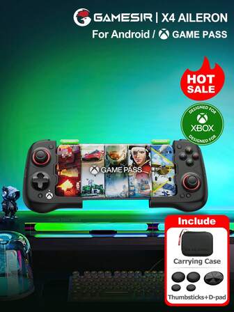  Gamesir X4 Aileron 安卓左右手游戏手柄，微软官方授权，分体式设计，兼容 Game Pass、STADIA、XCloud、GeForce Now 云游戏，附赠便携包。黑色，可折叠，配备霍尔效应摇杆和扳机键，1600 万色 RGB 灯效，口袋大小，方便携带。电竞级微动开关按键，2 个可自定义按键。
