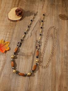 1pc Handmade Beaded Long Necklace, Composed Of 2 Separate Necklaces That Can Be Worn Individually, The Shorter Necklace Can Be Paired With Most Necklaces - Long Lace-up - View 10