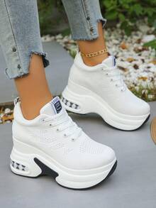 Women's Comfortable Breathable Fabric Casual Preppy Lace-Up Platform Sneakers, Suitable For Outdoor, Gym, All Seasons - White - View 3