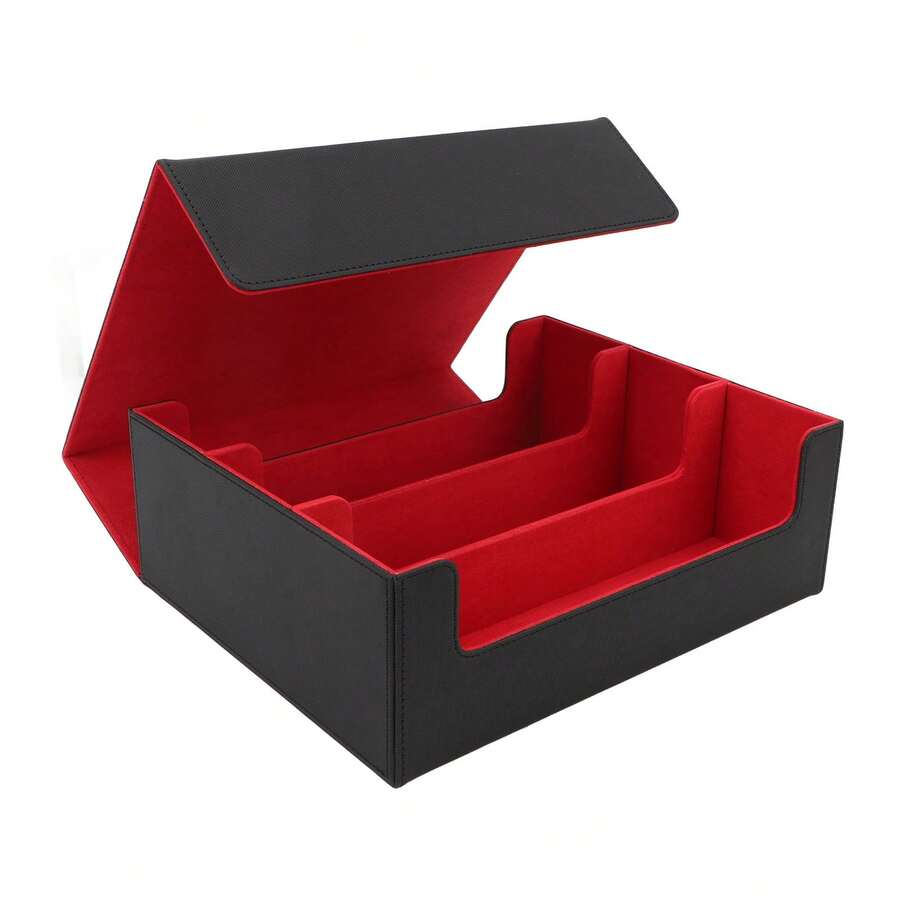 Card Deck Box 3 Rows Large Capacity Magnetic Closure PU Leather Card Deck Storage Case for Game Cards Tarot Cards Black Shell with Red Lining - Negro - Ver 1