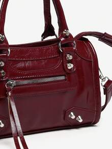 1pc Women's Retro Y2K Biker Punk Style Rivet Decor Buckle Multi-Pocket Faux Oily Cracked Leather Handbag Tote Bag, Suitable For Street, Date, Party , Goth - Burgundy - View 3