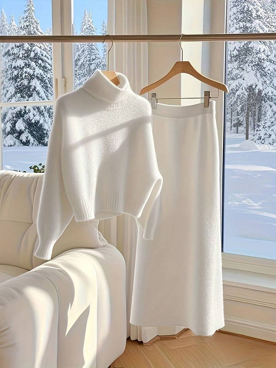 Damski swobodny sweter z dzianiny i długa spódnica, sweter z wysokim kołnierzem i długa spódnica w jednym kolorze, jesień/zima