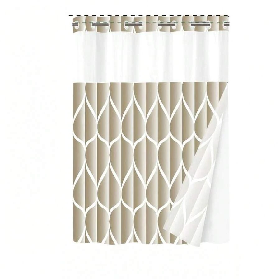 Geometric Wavy Shower Curtain Without Hooks, Double-Layer Shower Curtain With Inner Lining, Soft Polyester Fabric, Fashionable And Simple Style Home Decoration, Bathroom Accessory, 72x75in - Beige - View 1