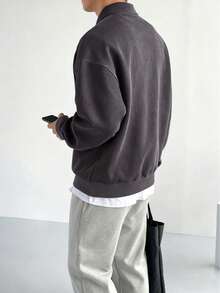 男士纯色 Polo 领绒面革宽松休闲长袖运动衫 - 时尚百搭秋冬风格 - 灰色 - 查看 8