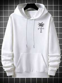 Men's Casual Comfortable Hooded Sweatshirt, Apricot Color With Creative Simple Palm Tree Print, Autumn/Winter Long - White - View 7