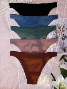 5pcs/Pack Plus Size Women's Sexy Panties, Basic Solid Color Comfortable Knitted Low Waist Soft Thong, Suitable For All Seasons And Daily Wear - Multicolor - View 3