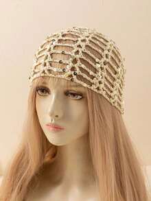 1pc Women's Lightweight Hollow Decor Handmade Crochet Knitted Hat, Suitable Spring, Summer, Autumn Daily, Beach, Outdoor Wear - 鏤空亮片 - 查看 6