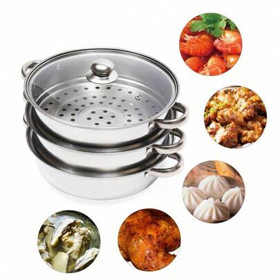 3-Tier Stainless Steel Steamer Steamer Pot, 28CM Cooking Multipurpose Cookware Pot For Steaming, Boiling,Multi-Functional Stackable Multilayer Food, Vegetable Steamer Cookware Pot