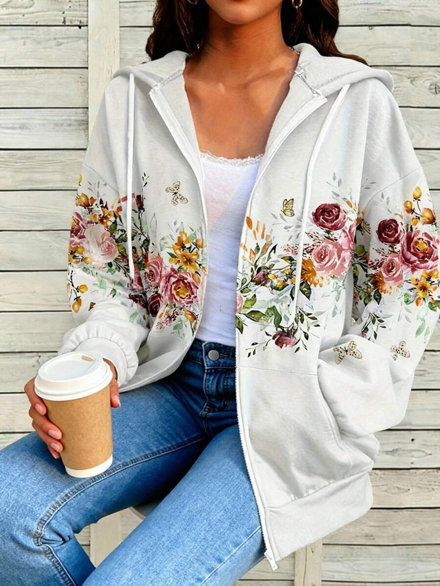 Plus Size Printed Knit Hooded Cardigan, With Pockets, Long Dolman Sleeves And Open Front, Casual Loose Fit