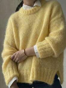 Pull en maille pour femme, nouveau style mode automne/hiver, coupe ample, décontracté, rétro minimaliste, fil spécial, top basique, automne, rentrée scolaire, 6% laine, femme modeste, Y2K, top pour sortir, style coréen - Jaune clair - Voir 1
