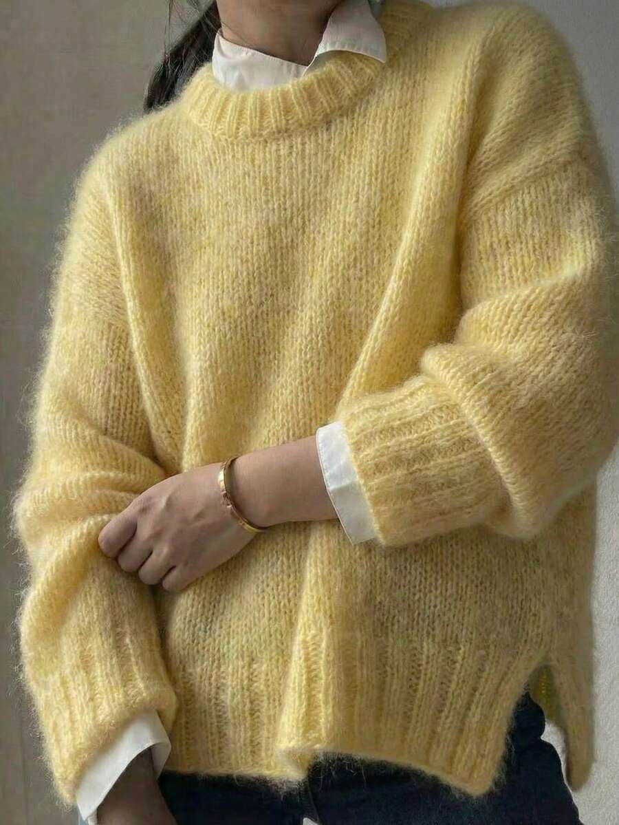 Pull en maille pour femme, nouveau style mode automne/hiver, coupe ample, décontracté, rétro minimaliste, fil spécial, top basique, automne, rentrée scolaire, 6% laine, femme modeste, Y2K, top pour sortir, style coréen - Jaune clair - Voir 1