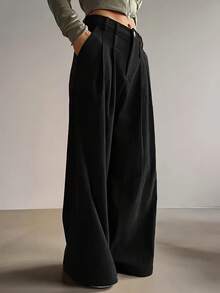 Valentine's Day Women Loose Fit Black Wide Leg Trousers With Pleated Design, Button And Zipper Closure, Full Length - Black - View 2
