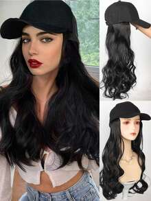 20 Inches Long Fluffy Wavy Curly Wigs With Hat Baseball Cap Seamless Connection Hair Extensions For Women Synthetic Natural Fake Hairpiece Adjustable Hat Wig - Multicolor - View 15