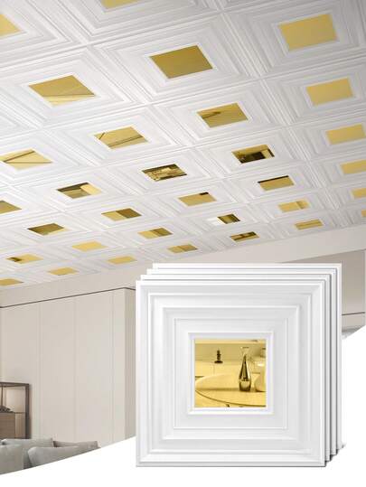 4PCS PVC Ceiling Tiles 30*30CM / 11.8"X11.8" – Golden And Silver Mirror & White 3D Wall Panels For Wall And Ceiling Decoration Colorable Waterproof Lightweight