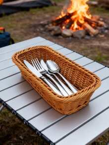 1pc Rectangular Rattan Cutlery Basket, Dual Color Options - Rattan Woven Utensil Storage Box For Kitchen Countertop And Drawers | Suitable For Tableware, Knives, Forks, Spoons Woven Storage Basket | Farmhouse Style Kitchen Organizer