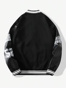 Vintage American Style Embroidered Baseball Jacket For Men, Autumn/Winter Black Patchwork Faux Leather Sleeve Loose Streetwear Letter & Star Print Bomber Coat - Black - View 2