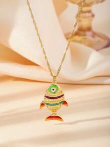 1 件不锈钢 18K 镀金摇摆鱼吊坠项链，独特鱼骨吊坠项链，适合女性，海滩度假 - 金色 - 查看 16