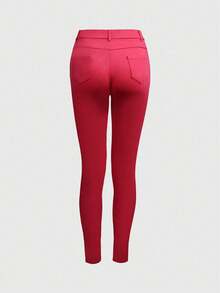 干净合身斜口袋高腰彩色超弹力紧身日常舒适长裤 - 玫紅色 - 查看 3