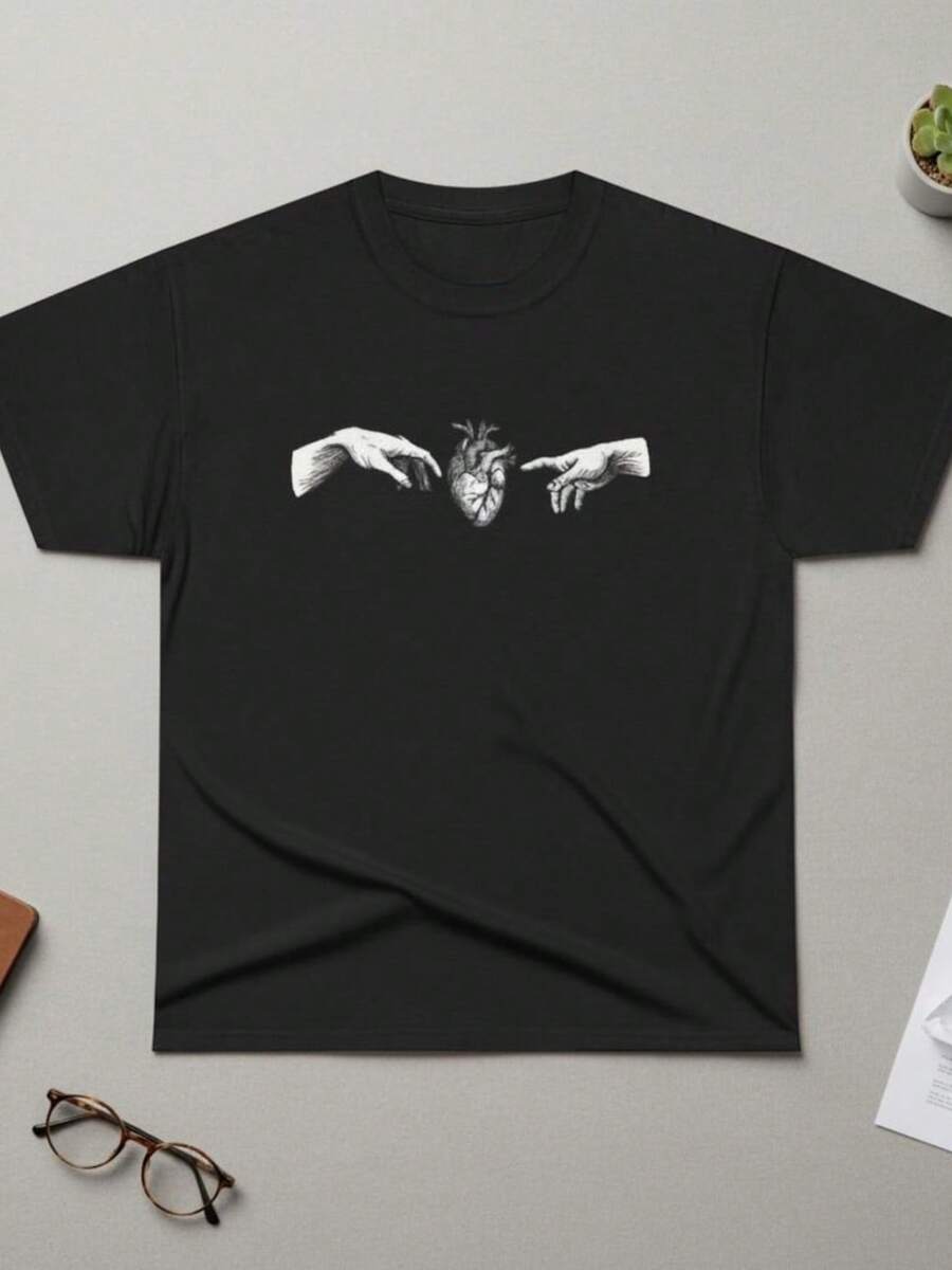 Anatomical Heart Hands Unisex T-Shirt: Minimalist Gothic Line Art - Black - View 1