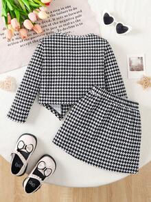 Girl's 2 Piece Outfits Long Sleeve Crew Neck Houndstooth Tweed Jacket And Elastic Waist Skirt Set - màu đen - Xem 2